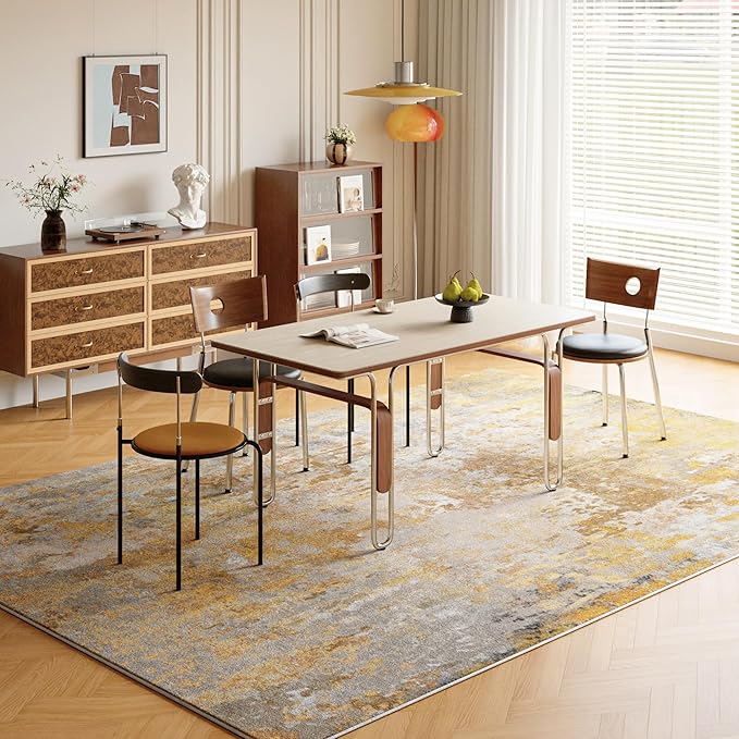 Beige Gold Washable Rug 6x9 Area Rugs for Living Room Bedroom Carpet, Indoor Vintage Abstract Boho Large Rug Non Slip Faux Wool Rugs for Dorm, Dining Room Table, Nursery, Kids Playroom