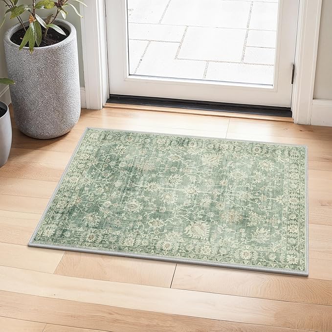 GENIMO Entryway Rug Floral Rug, 2x3 Washable Door Mat Non Slip, Thin Floor Rugs for Entryway Hallway Bathroom Laundry Room Corridor, Light Sage