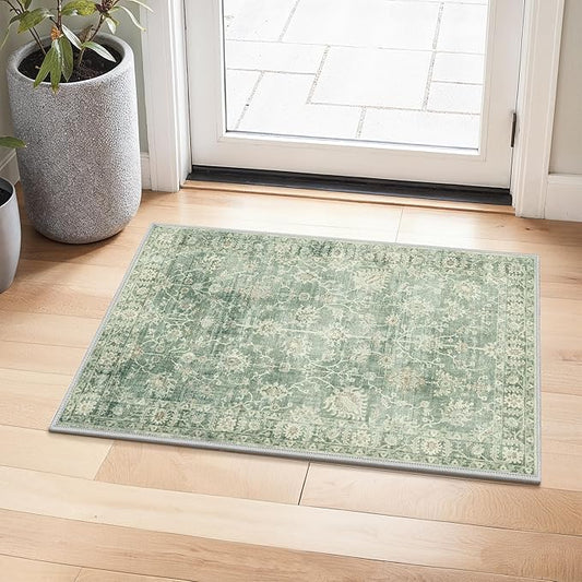 GENIMO Entryway Rug Floral Rug, 2x3 Washable Door Mat Non Slip, Thin Floor Rugs for Entryway Hallway Bathroom Laundry Room Corridor, Light Sage