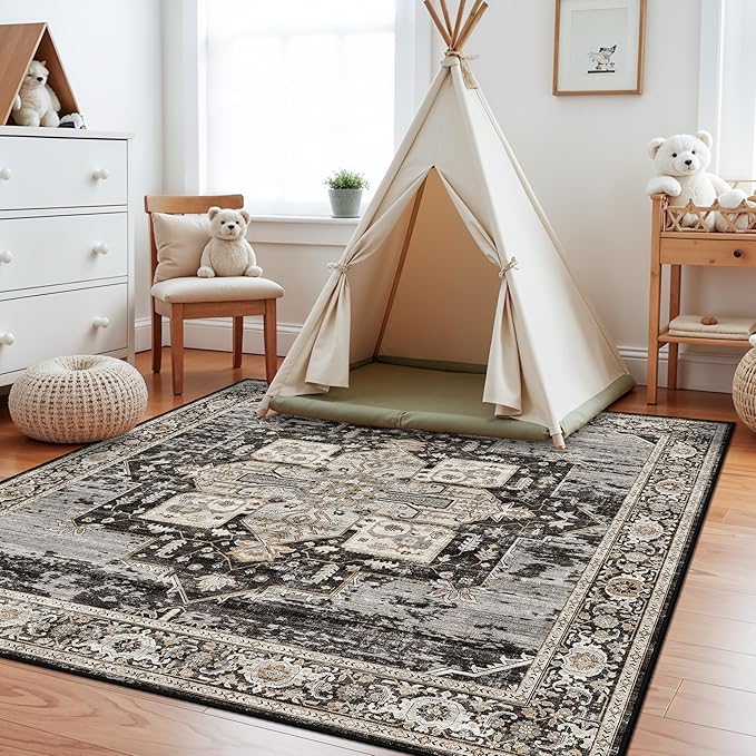 RUUGME Dining Room Rugs for Under Table - Washable Living Room Area Rug Stain Resistant Carpet Vintage Lightweight Ultra-Thin Rugs for Bedroom Kitchen with Non Slip Backing Home Decor 6x6 Black