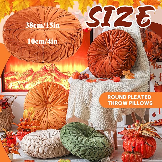Drydiet 4 Pcs Round Throw Velvet Pillows Decorative Pleated Throw Pillows 15'' Diameter Accent Pumpkin Boho Chair Cushion for Couch Sofa Home Decoration (Fall Color)