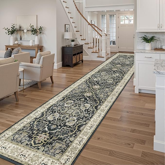 3x12 Runner Rug for Hallway, Non-Slip Long Washable Rug, Soft Thin Vintage Floor Mat for Kitchen, Bathroom, Bedroom, Entryway, Dining Room (Black, 3'x12')