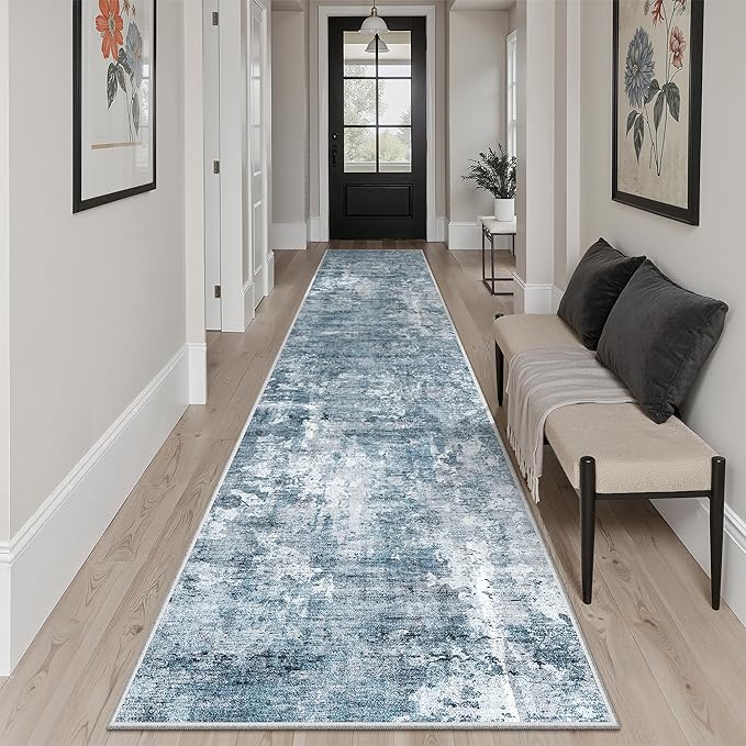 Soalmost Runner Rug 2'x10' Abstract Washable Non-Slip Runner Rugs for Kitchen Bathroom Laundry Room Blue Vintage Floor Carpet Runners for Hallway Entryway