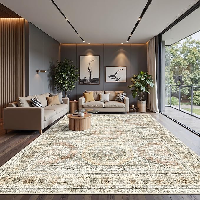 Soalmost 10x14 Area Rugs for Living Room, Non Slip Machine Washable Vintage Rugs, Low Pile Lightweight Large Rug for Bedroom, Dining Room, Home Office Brown Pink