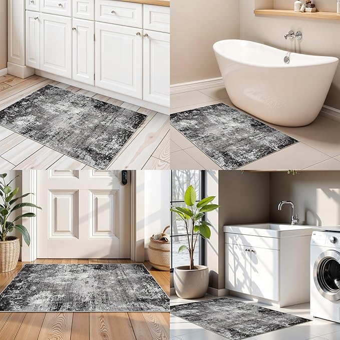 2x3 Washable Entryway Rug – Non-Slip Modern Abstract Neutral Small Throw Area Rug for Kitchen, Bedroom – Soft Low Pile Thin Indoor Door Mat（Black Grey,2x3）