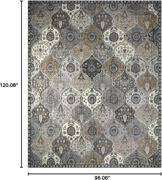 Lahome Moroccan 8x10 Area Rugs for Living Room, Washable Rugs 8x10 Ultra-Thin Oriental Non-Slip Non Shedding Accent Carpet for Bedroom Dining Room Office Nursery Elise, Grey