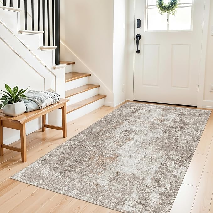 4x5 Washable Area Rugs for Entryway - Non-Slip Low-Pile Indoor Carpet with Rubber Backing for Kitchen, Bathroom,Bedroom, Living Room, Modern Abstract Neutral Soft Mat (Beige Grey)