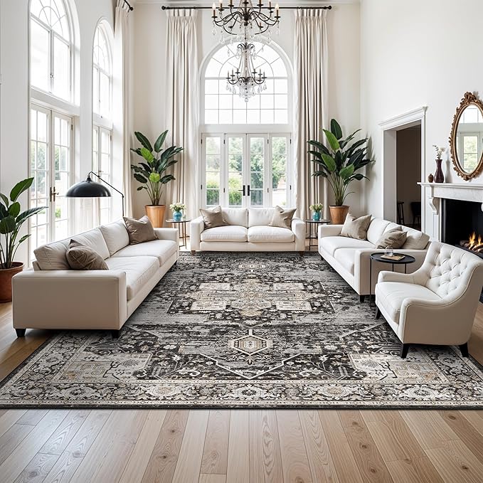 RUUGME 9x13 Area Rugs Washable, Boho Non-Slip Soft Carpets for Large Living Room/Bedroom/Dining Room High Traffic Stain Resistant and Easy Clean Rugs for Housholds&Pets Owners 9X13 Black