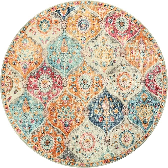 Lahome Moroccan Trellis Washable Round Rugs, Non-Slip Soft Round Rug 4ft Ultra-Thin, Small Vintage Circle Carpet for Entryway Kitchen Bedroom Nursery Bathroom Elise, Cream/Multi