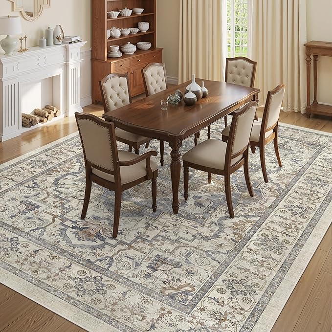 Beige 8x10 Washable Large Area Rug, Non-Slip Soft Ultra-Thin Polyester Carpet with Vintage Vintage Stain Large Rug for Living Room, Bedroom, Dining Room & Open-Concept Spaces Oeko-TEX - Beige/Blue