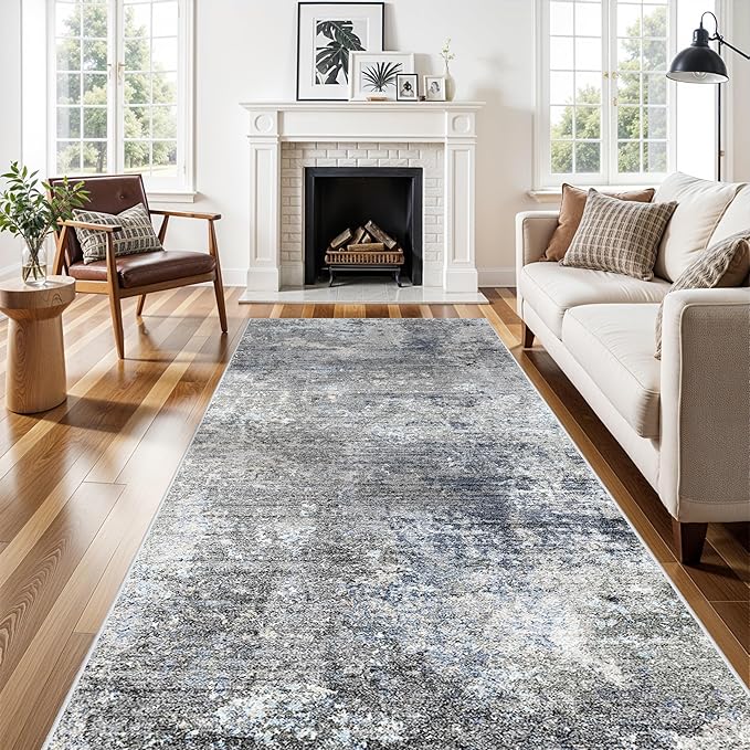 4x10ft Extra Wide Hallway Rug – Non-Slip Washable Large Carpet Runner for Kitchen, Indoor Entryway, Modern Abstract Low-Pile Thin Floor Mat for Bedroom, Living Room, Dining Room (Blue Grey,4x10)