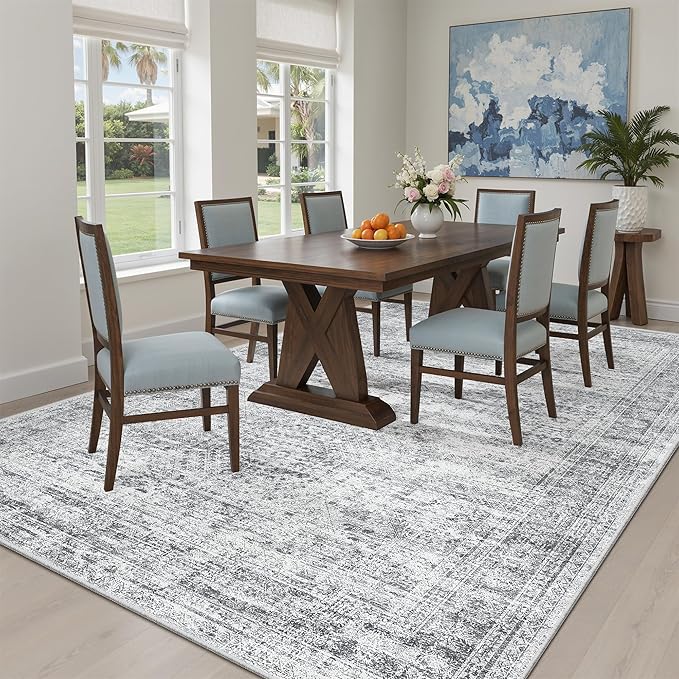 Soalmost 5x7 Area Rugs Gray Low Pile Indoor Washable Trendy Faded Style Rugs for Bedroom Living Room Dining Room Foldable Non-Slip Thin Grey Print Mat