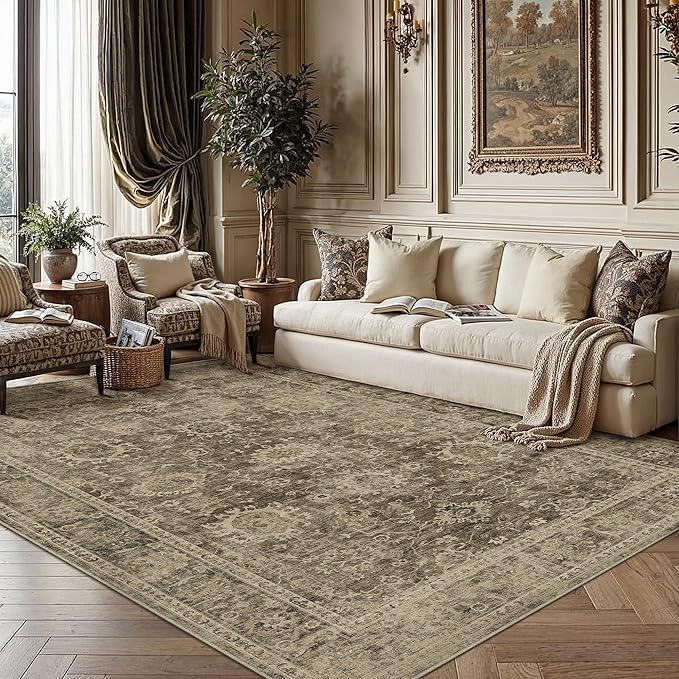 10x14 Brown Vintage Area Rug for Living Room Bedroom Large Distressed Rustic Carpet Non-Slip Low Pile Soft Washable Throw Rug for Indoor Dining Room