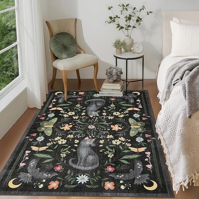 GarveeHome 3x5 Cat Washable Area Rug for Entryway, Mushroom Floral Black Bedroom Rug Non Slip Low Pile Butterfly Carpet Stain Resistant Throw Rug for Kitchen Dorm Kids Room Office Dining Room