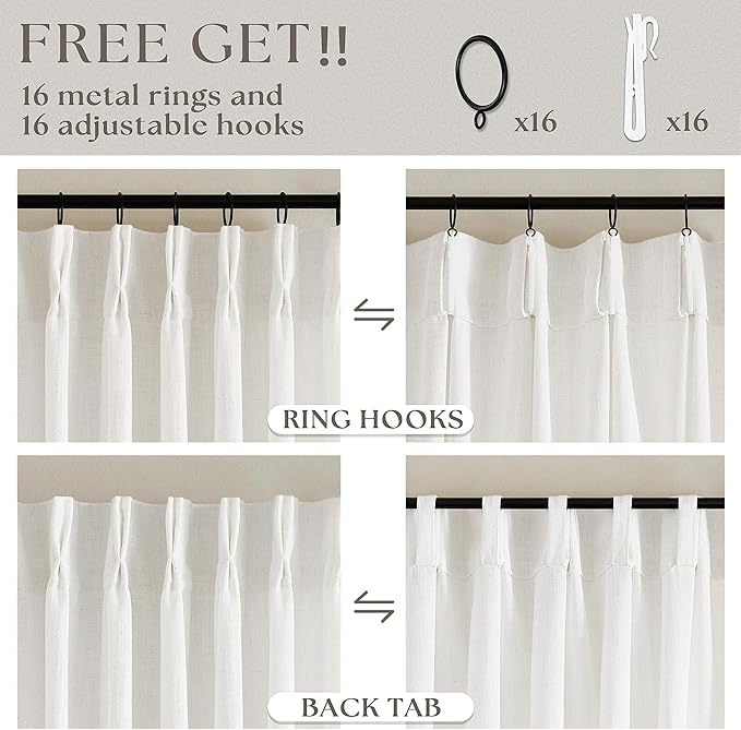 Ivory Linen Kitchen Curtains 36 Inch Length Pinch Pleated 2 Panels for Small Window Privacy Light Filtering Bathroom Window Drapes Neutral Semi Sheer Short Curtains for Front Door Laundry RV Camper