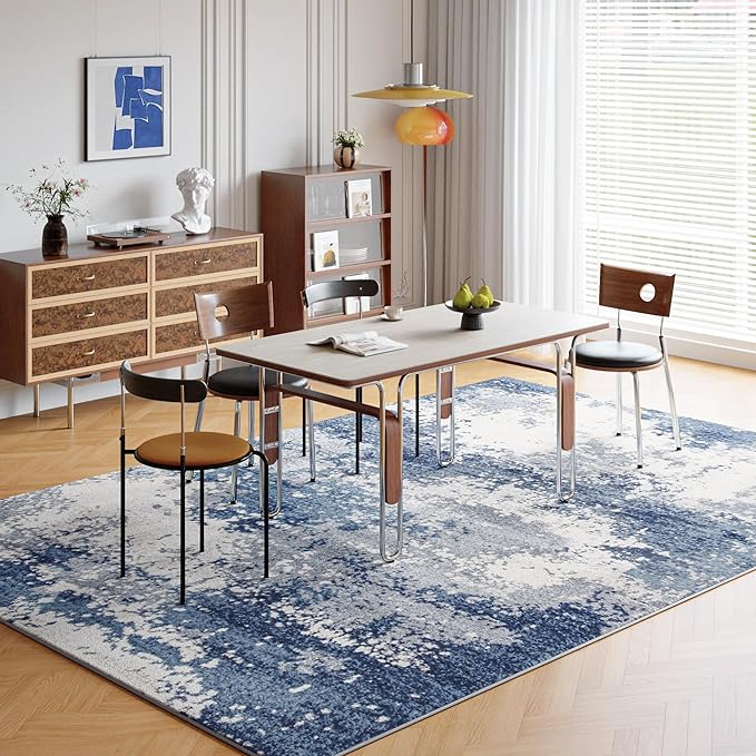 Blue Washable Rug 6x9 Area Rugs for Living Room Bedroom Carpet, Indoor Vintage Abstract Boho Large Rug Non Slip Faux Wool Rugs for Dorm, Dining Room Table, Nursery, Kids Playroom, Navy