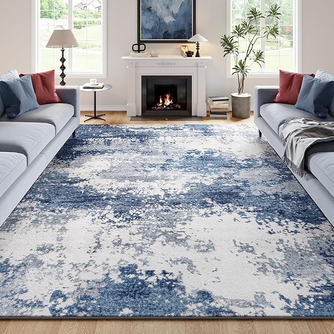 Blue Washable Rug 6x9 Area Rugs for Living Room Bedroom Carpet, Indoor Vintage Abstract Boho Large Rug Non Slip Faux Wool Rugs for Dorm, Dining Room Table, Nursery, Kids Playroom, Navy