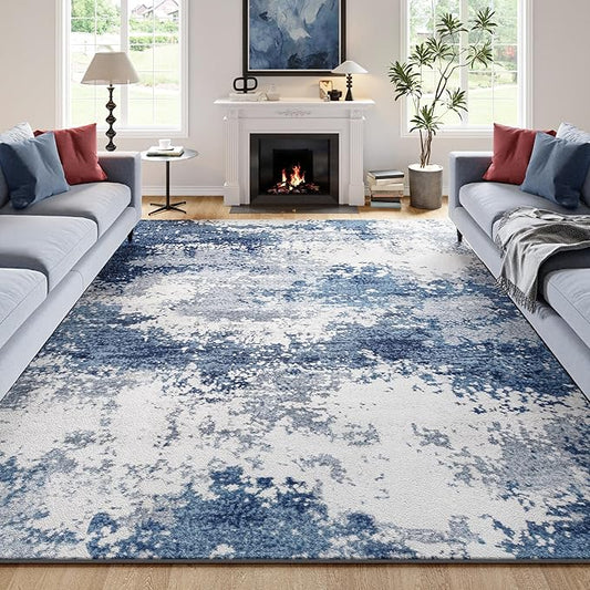 Blue Washable Rug 6x9 Area Rugs for Living Room Bedroom Carpet, Indoor Vintage Abstract Boho Large Rug Non Slip Faux Wool Rugs for Dorm, Dining Room Table, Nursery, Kids Playroom, Navy