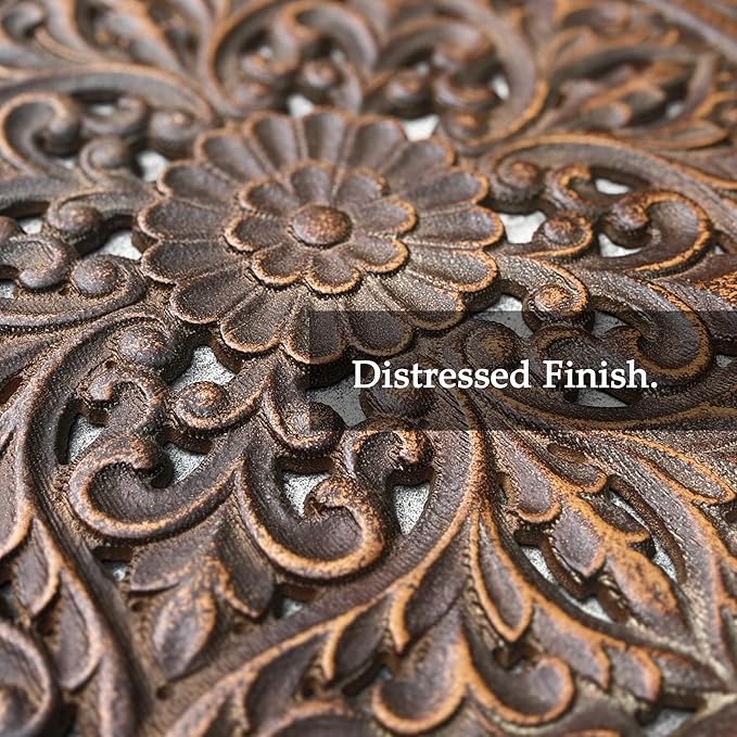 XIAOAIKA Boho Carved Wood Wall Sculpture, Intricate Floral Mandala Design with Distressed Brown Finish, Vintage Farmhouse Wall Art Panel with Solid Wood Frame for Bedroom Entryway (22.5" x 22.5")