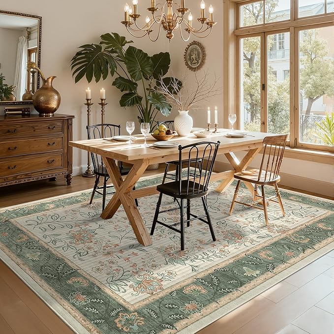 GarveeHome Large Area Rugs 9x12 for Living Room, Sage Green Washable Rug Soft Non Slip Country Mat Carpet Indoor Botanical Floral Rug for Bedroom Dining Room Playroom Nursery Room