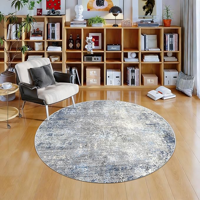 Round Area Rug 4ft Washable - Non-Slip Small Circle Rug for Living Room Bathroom Kitchen Bedroom – Soft Modern Neutral Abstract Circular Carpet (Blue Grey,4x4)