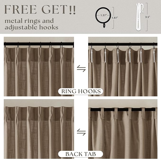 Light Brown Linen Curtains 92 Inches Long for Living Room Pinch Pleated Drape with Hooks Rings for Track System Light Filtering Farmhouse 92 Inch Curtain for Bedroom Sliding Patio Door 2 Panels