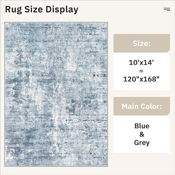 Soalmost 10x14 Area Rugs for Living Room, Non Slip Machine Washable Vintage Rugs, Low Pile Lightweight Large Rug for Bedroom, Dining Room, Home Office Blue