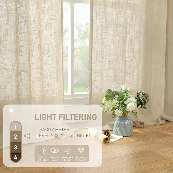 LAMIT 60 Inch Length Window Linen Curtains, Semi Sheer Light Filtering Panels Back Tab and Rod Pocket Drapes for Bedroom/Living Room, Linen, 2 Panels, 34 x 60 Inch