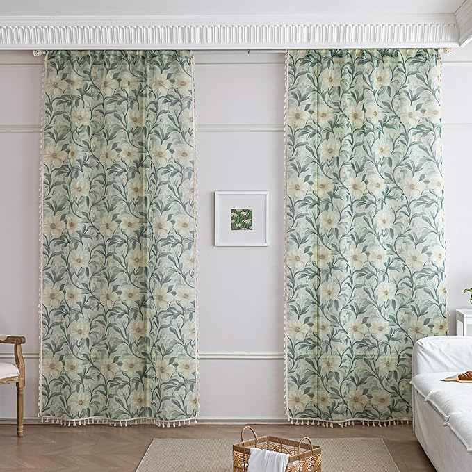 Green Floral Sheer Curtains 72 inch Long, Fringed Edges and Textured Semi Sheer Curtains Large Window Treatments for Living Room/Bedroom, 2 Panels