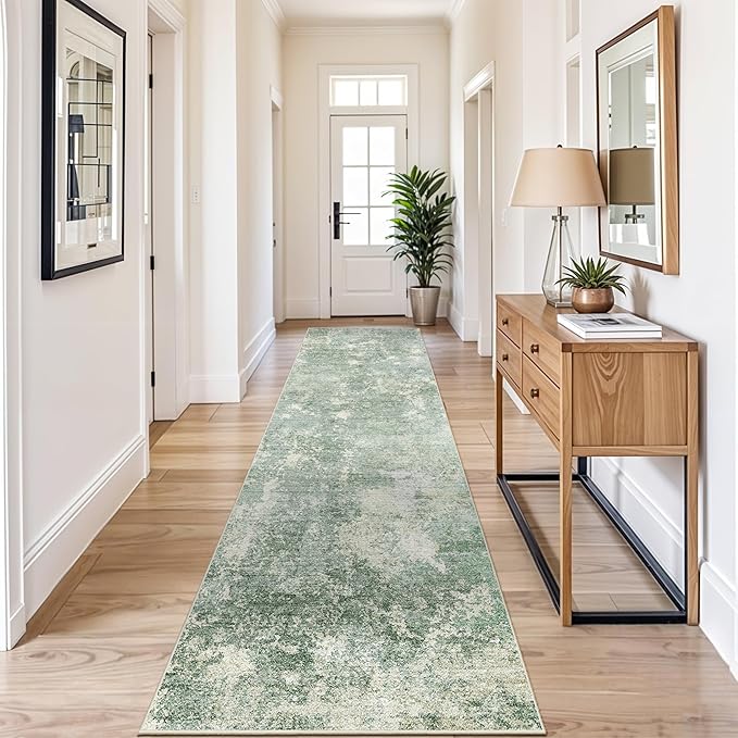 3x10 ft Long Hallway Runner Rug – Non-Slip Washable Kitchen Floor Rug with Rubber Backing, Modern Low Pile Thin Wide Carpet Runners for Bedroom, Entryway Indoor (Sage Green,3x10)
