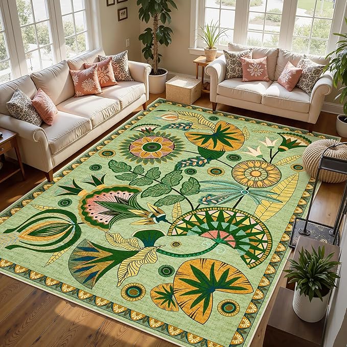 Joydeco Egypt Floral Boho 8x10 Area Rug for Living Room, Washable Sage Green Bedroom Dining Room Rug Non Slip, Vintage Large Indoor Throw Carpet for Playroom Nursery Dorm Classroom