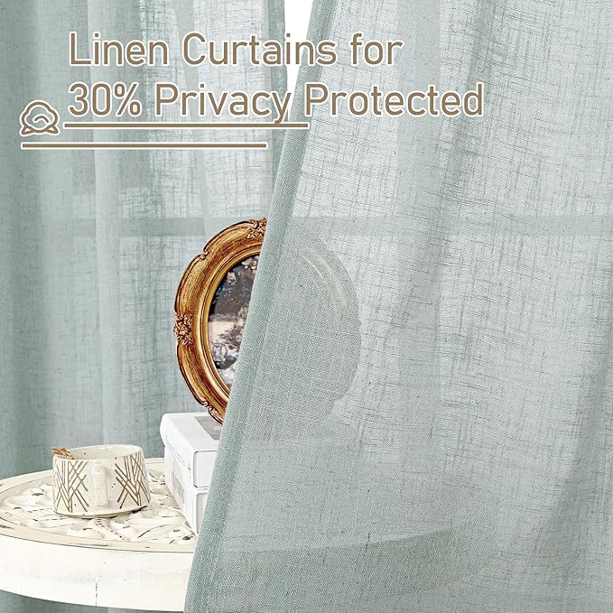 LAMIT Greyish Blue Linen Curtains for Bedroom, 72 Inch Length Light Filtering Semi Sheer Panels Back Tab and Rod Pocket Neutral Drapes for Living Room, 2 Panels, 34 x 72 Inch