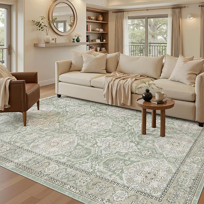 Soalmost 6x9 Area Rug for Living Room Washable 6x9 Rug Non-Slip Modern Rugs for Bedroom Dinning Room Ultra-Thin Indoor Green/Brown Rug