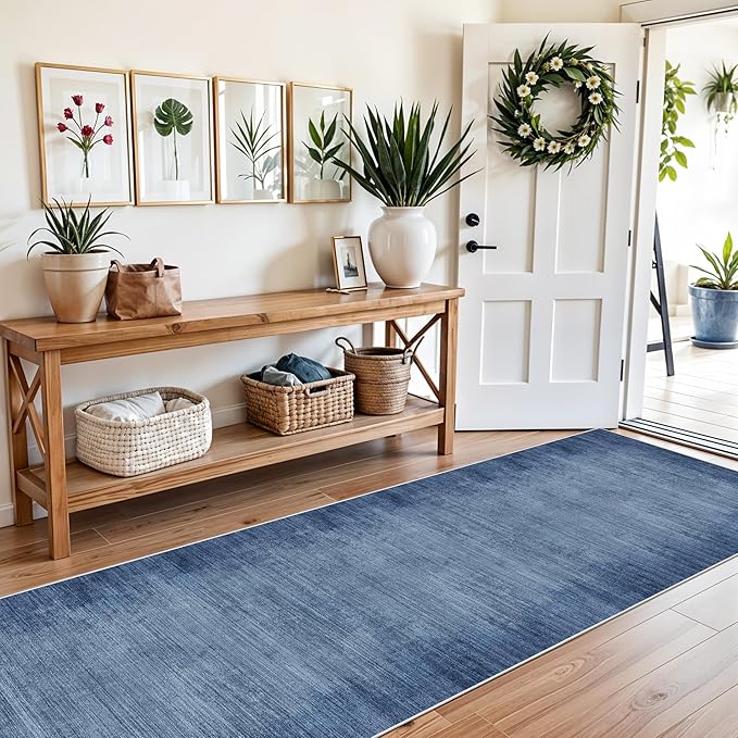 3x10 ft Long Hallway Runner Rug – Non-Slip Washable Kitchen Floor Rug with Rubber Backing, Modern Low Pile Thin Wide Carpet Runners for Bedroom, Entryway Indoor（Navy Blue,3x10）