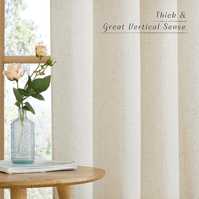NICETOWN Linen Curtains 96 inches Long for Living Room, Grommet Semi Sheer Drapes Linen Weave Window Treatments Privacy Added with Light Filtering for Bedroom, Natural, W34 x L96, 2 Panels
