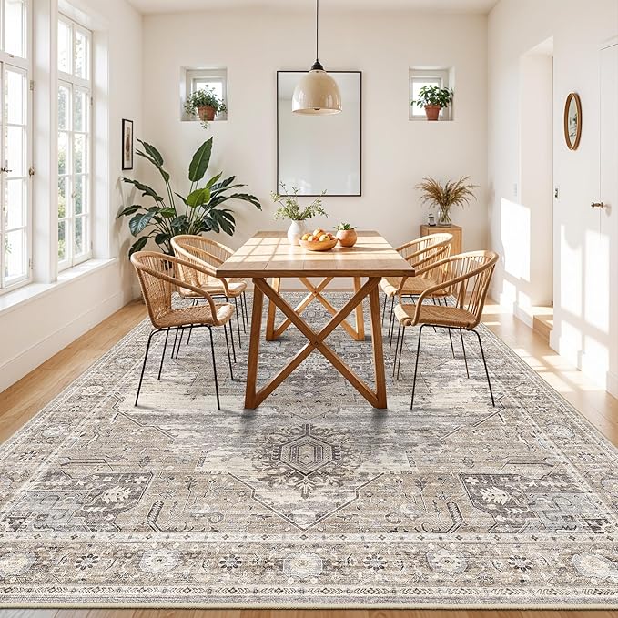 Washable 9x13 Large Living Room Rugs, Vintage Oriental Low Pile Soft Rugs Indoor Non Slip & Non-Shedding Carpets for Bedroom/Dining Room/Office Farmhouse Distressed Home Decor Floor Mat (9x13 Beige)