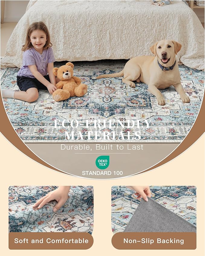 Madane Hallway Runner 3x14 - Runner Rugs 14ft Washable Entryway Rug Vintage Kitchen Runners Non Slip Indoor Area Rug Farmhouse Carpet Runner for Bathroom Living Room Bedroom, Blue