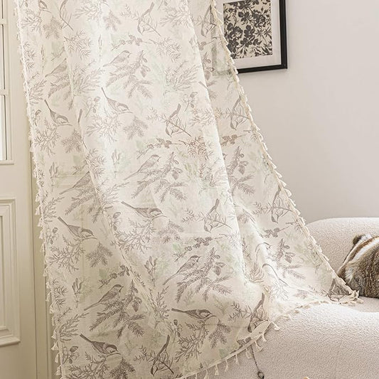 Birds Sheer Curtains 54 inch Long, Fringed Edges and Textured Semi Sheer Curtains Large Window Treatments for Living Room/Bedroom, 2 Panels