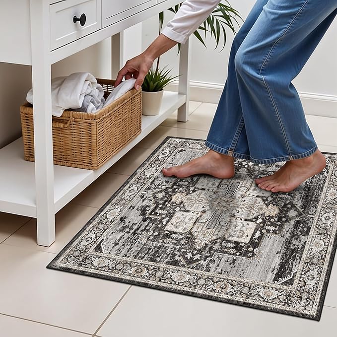 RUUGME 2x2 Washable Bathroom Area Rug, Non-Slip Vintage Oriental Low Pile Carpet, Soft Floor Mat for Entryway, Kitchen Sink, Laundry Room,Stain Resistant Home Decor Mat for Small Space 24x24 Black