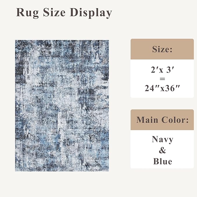 2x3 Washable Non-Slip Area Rug - Soft Low Pile Throw Rug for Kitchen Entryway Bedroom - Modern Indoor Door Mat with Rubber Backing (Blue, 2x3)