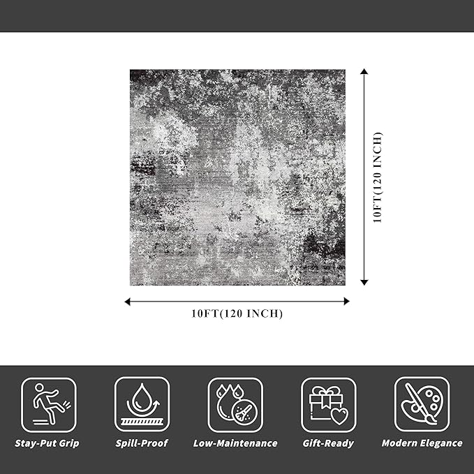 10x10 ft Square Living Room Rug – Washable Modern Abstract Area Rug for Bedroom, Dining Room, Playroom – Neutral Non-Slip Low-Pile Thin Indoor Carpet (Black Grey,10x10)
