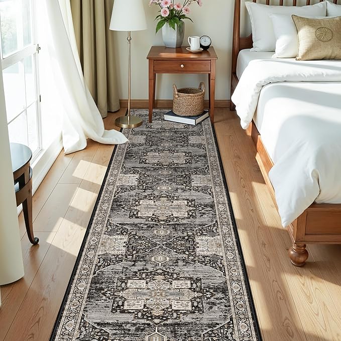 Washable Hallway Runner Rug 2x10 - Stain Resistant Kitchen Rugs with Non Slip Backing Soft Low Pile Carpet for Bedroom Laundry Entryway Ultra-Thin Vintage Home Decor Floor Mat for Bathroom 2X10 Black