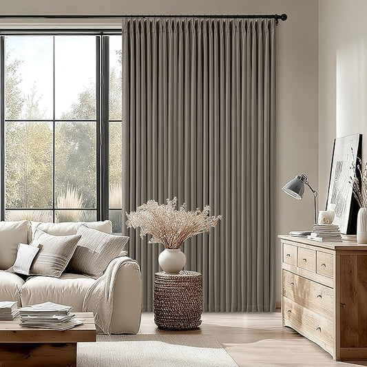 Dark Flax 100 Inch Blackout Pinch Pleated Curtains 2 Panel Set for Living Room Darkening Thick Linen Textured 100% Black Out Drapes 100 Inches Long Pinch Pleat Light Blocking Bedroom Taupe Gray