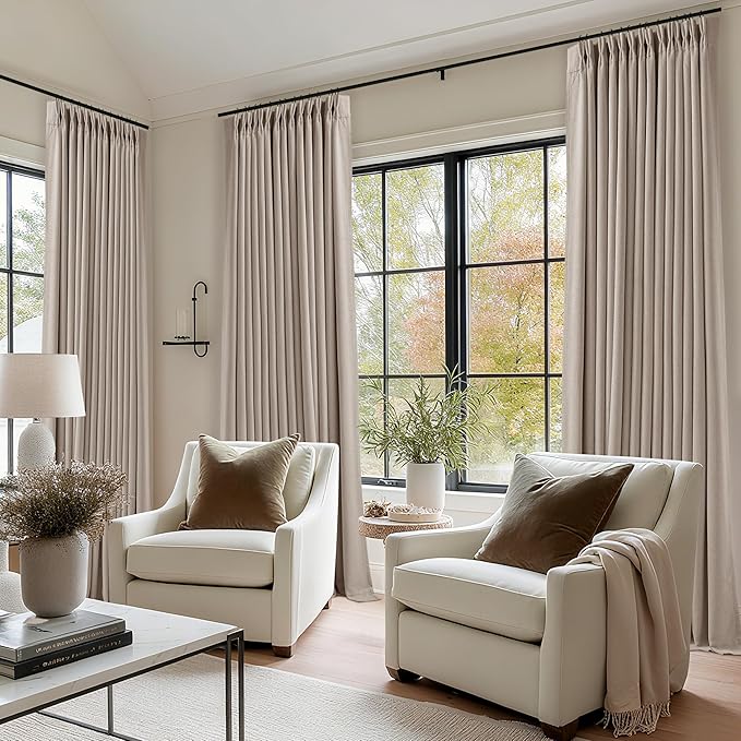 Dark Flax Linen Pinch Pleated 100% Blackout Curtains 90 Inch Length 2 Panels Set Burlywood Birch Tan Brown Pinch Pleat Curtains Black Out Blocking Room Darkening Drapes for Bedroom Living Room Window
