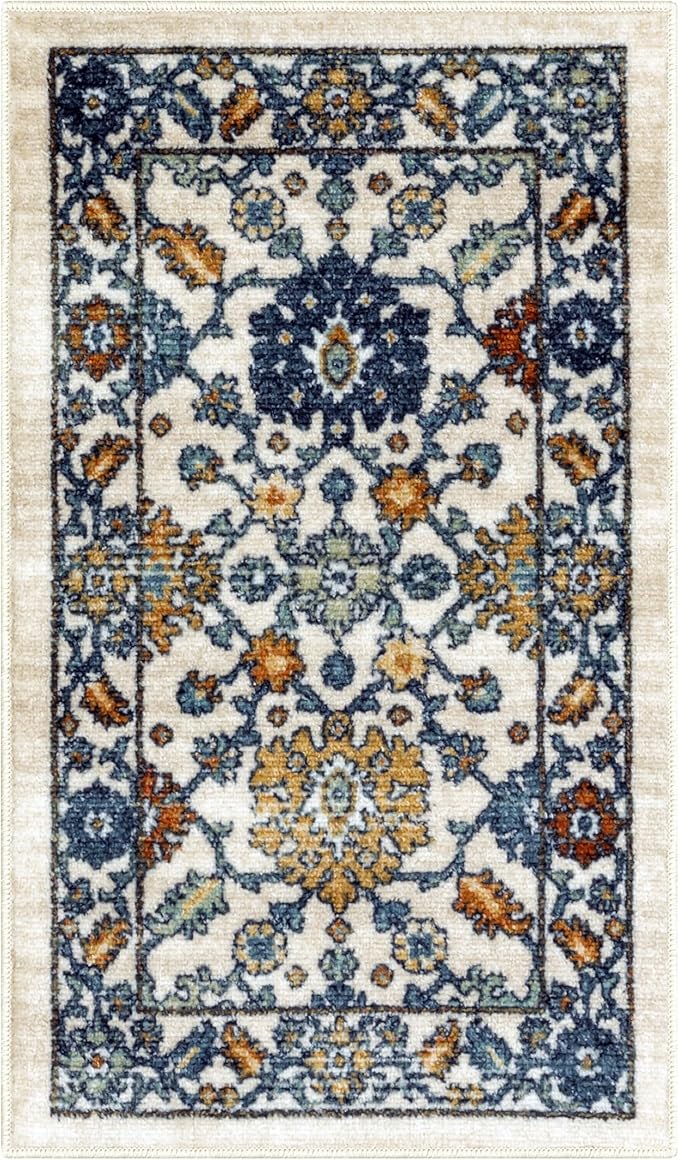 Maples Rugs Benton Oriental Area Rugs – Made in USA – Washable, Non-Slip, Low Profile Indoor Rug for Entryway, Foyer, Kitchen, and Bathroom, 20" x 34", Beige