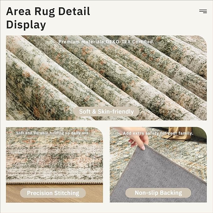 Soalmost 6x9 Area Rug for Living Room Washable 6x9 Non-Slip Modern Rugs for Bedroom Dinning Room Ultra-Thin Indoor Green Orange