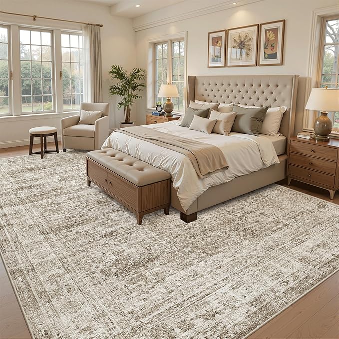 Soalmost 9x12 Area Rugs for Living Room, Non Slip Machine Washable Vintage Rugs, Low Pile Lightweight Large Rug for Bedroom, Dining Room, Home Office Brown