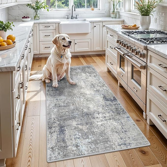 3x5 Washable Entryway Rug – Non-Slip Rubber Backed Small Area Rug for Kitchen, Bedroom, Living Room, Office – Soft Low-Pile Thin Modern Abstract Neutral Throw Rug （Blue Gray,3x5）