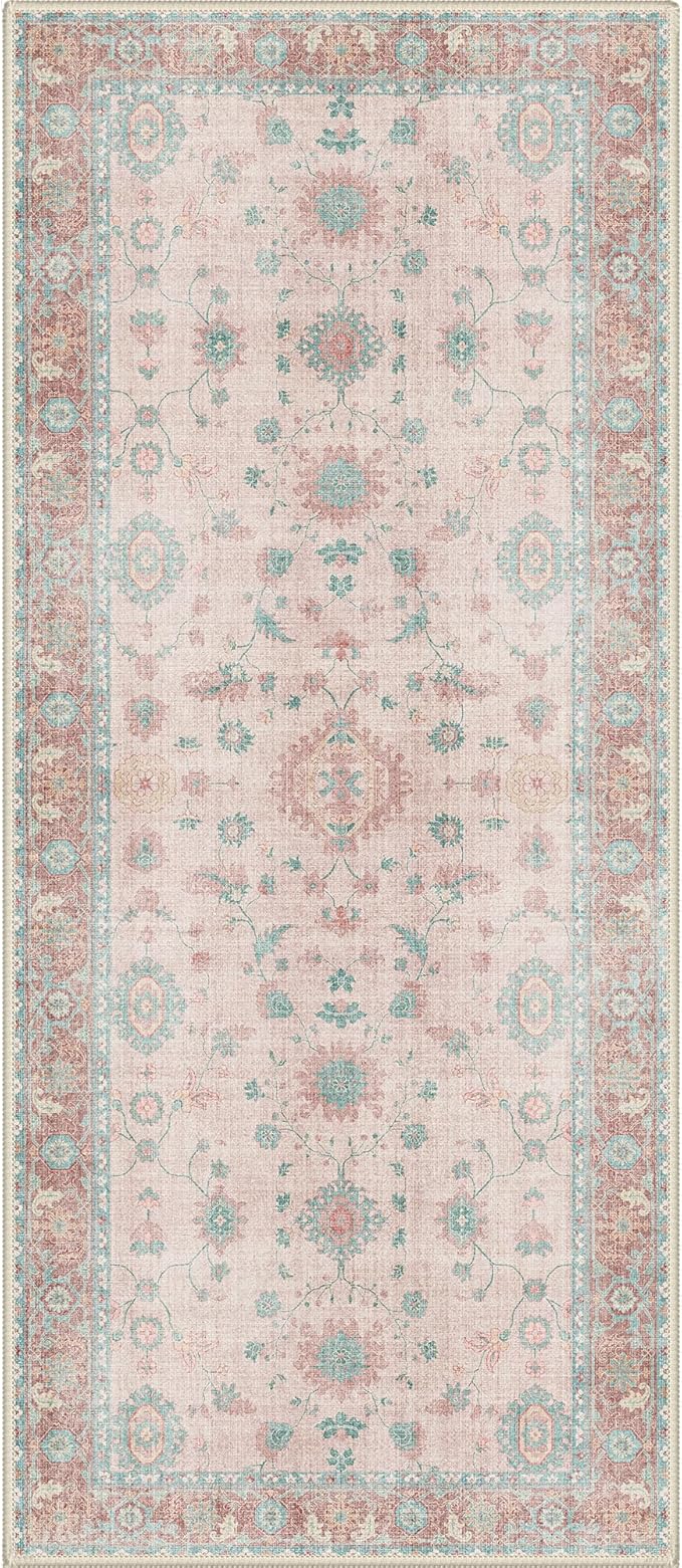 GENIMO Runner Rug for Hallways Machine Washable, 3x7 Non Slip Boho Vintage Lightweight Washable Runners, Thin Floor Rugs for Entryway Hallway Bathroom Laundry Room Corridor, Misty Pink