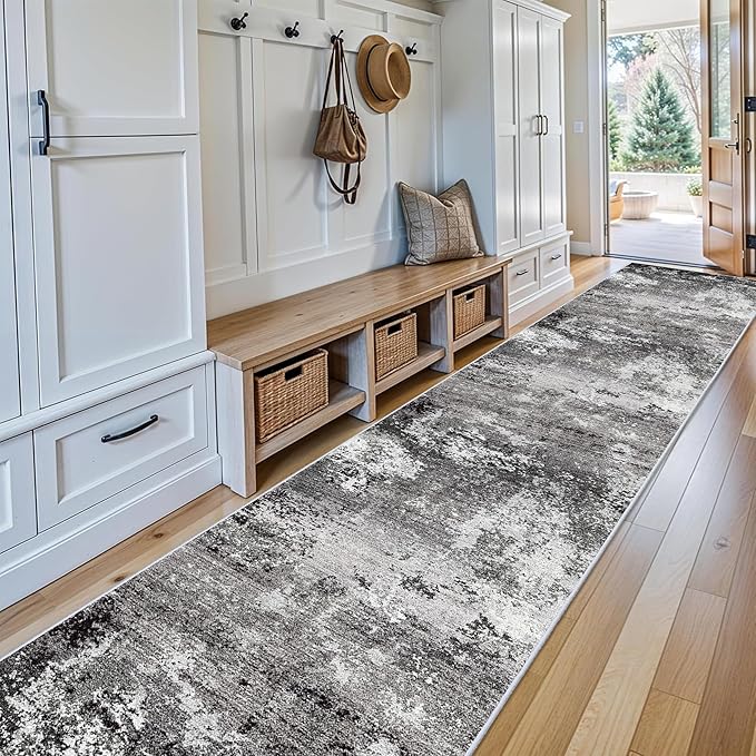 3x20 ft Extra Long Hallway Runner Rug - Non-Slip Washable Floor Runner with Rubber Backing, Modern Low Pile Thin Wide Carpet for Entryway, Kitchen, Living Room (Black Grey, 3x20)